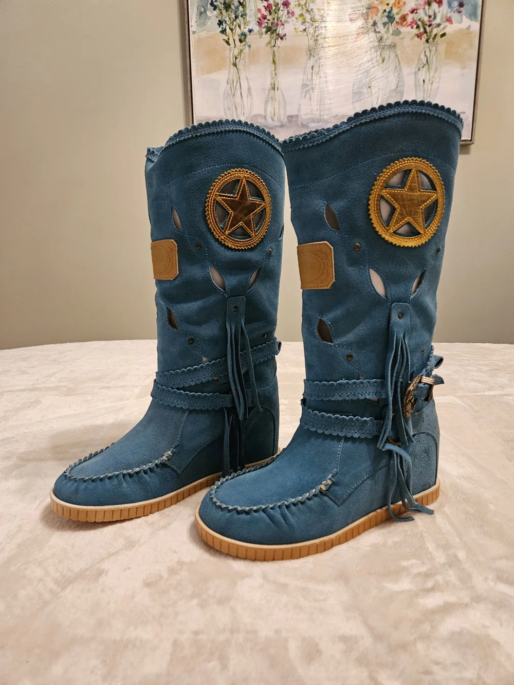 Women's Dingo Blue Suede Leather Fringe Star Western Boots with Tan Soles Size 7 - Picture 2 of 4